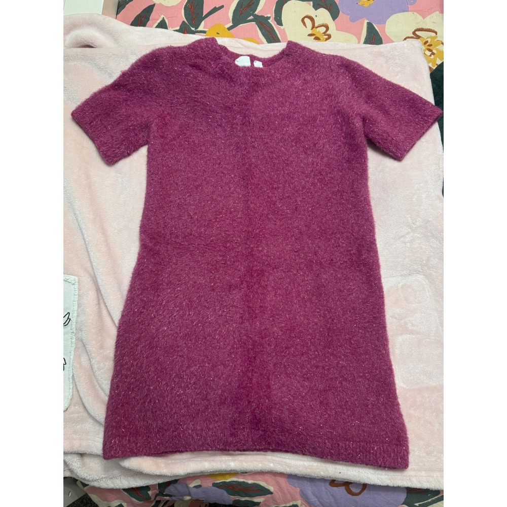 Gap Kids Magenta Pink Fuzzy Metallic Tinsel Knit Short Sleeve Sweater Dress M 8